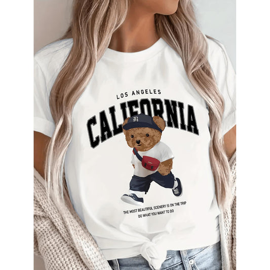 Plus Size Bear and Letter Print Crew Neck Short Sleeve T Shirt for Women Comfortable Casual Clothing