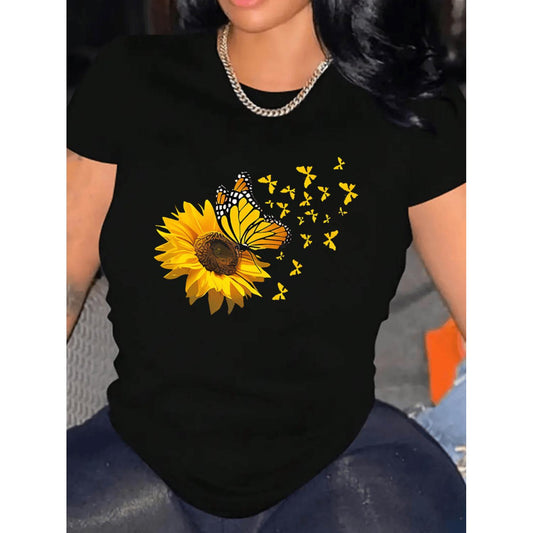 Vibrant Sunflower and Butterfly Print Casual Short Sleeve Crew Neck Top for Women