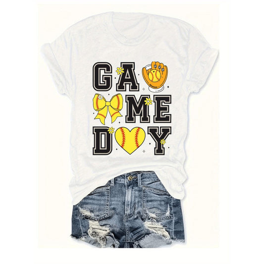 Casual Women Game Day Baseball Graphic TShirt Featuring Pink Polyester Crew Neck with Bow and Crown Design Short Sleeve Comfortable Fit for Every Season Playful Print Tee