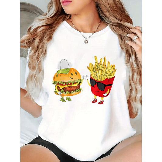 Casual Women's Short Sleeve Tee Featuring Playful Burger and Fries Cartoon Print Comfortable Black Summer Top with Round Neck and Medium Stretch