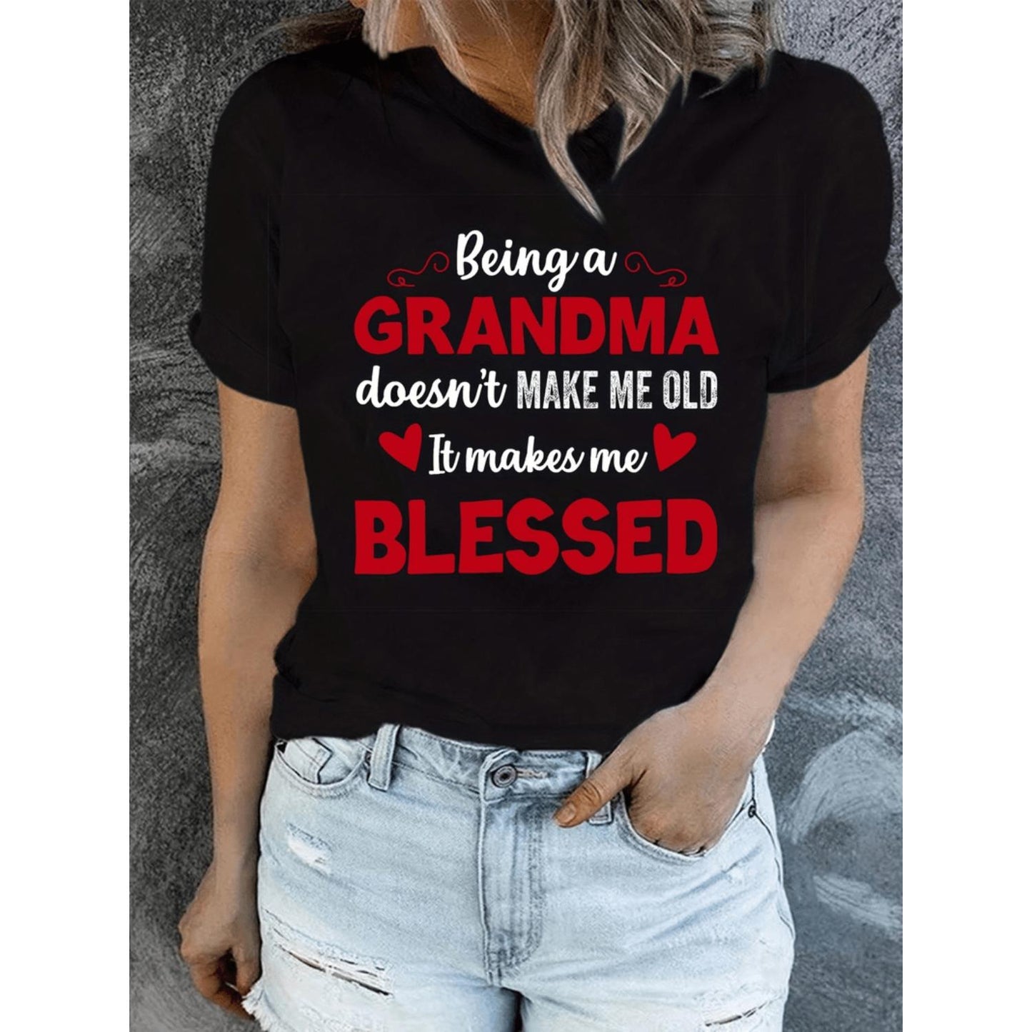 Blessed Grandma Print T-Shirt for Mother's Day Short Sleeve Crew Neck Casual Top Perfect for Spring and Summer Women's Clothing