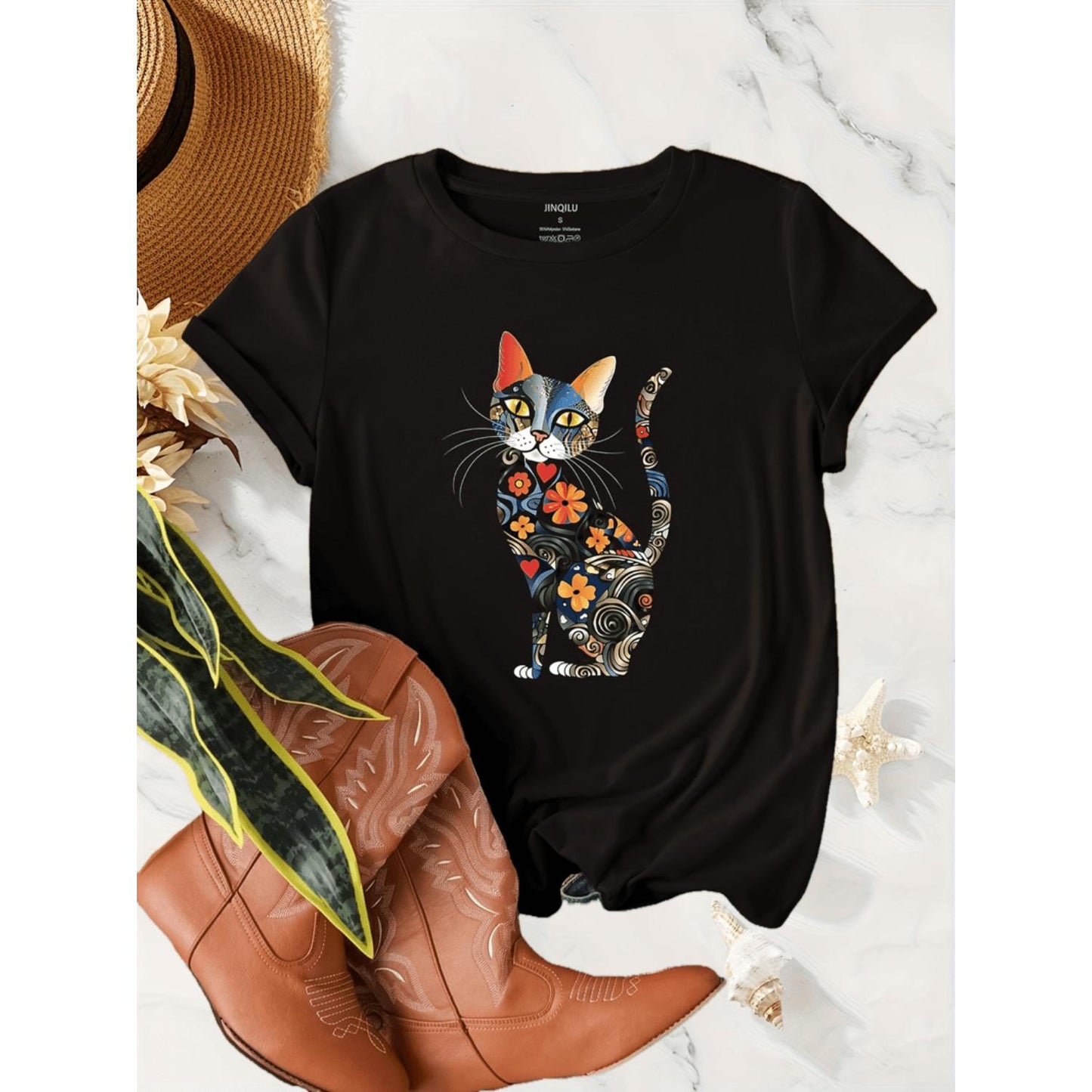 Casual Cat Print Crew Neck T Shirt for Spring and Summer Womens Short Sleeve Apparel