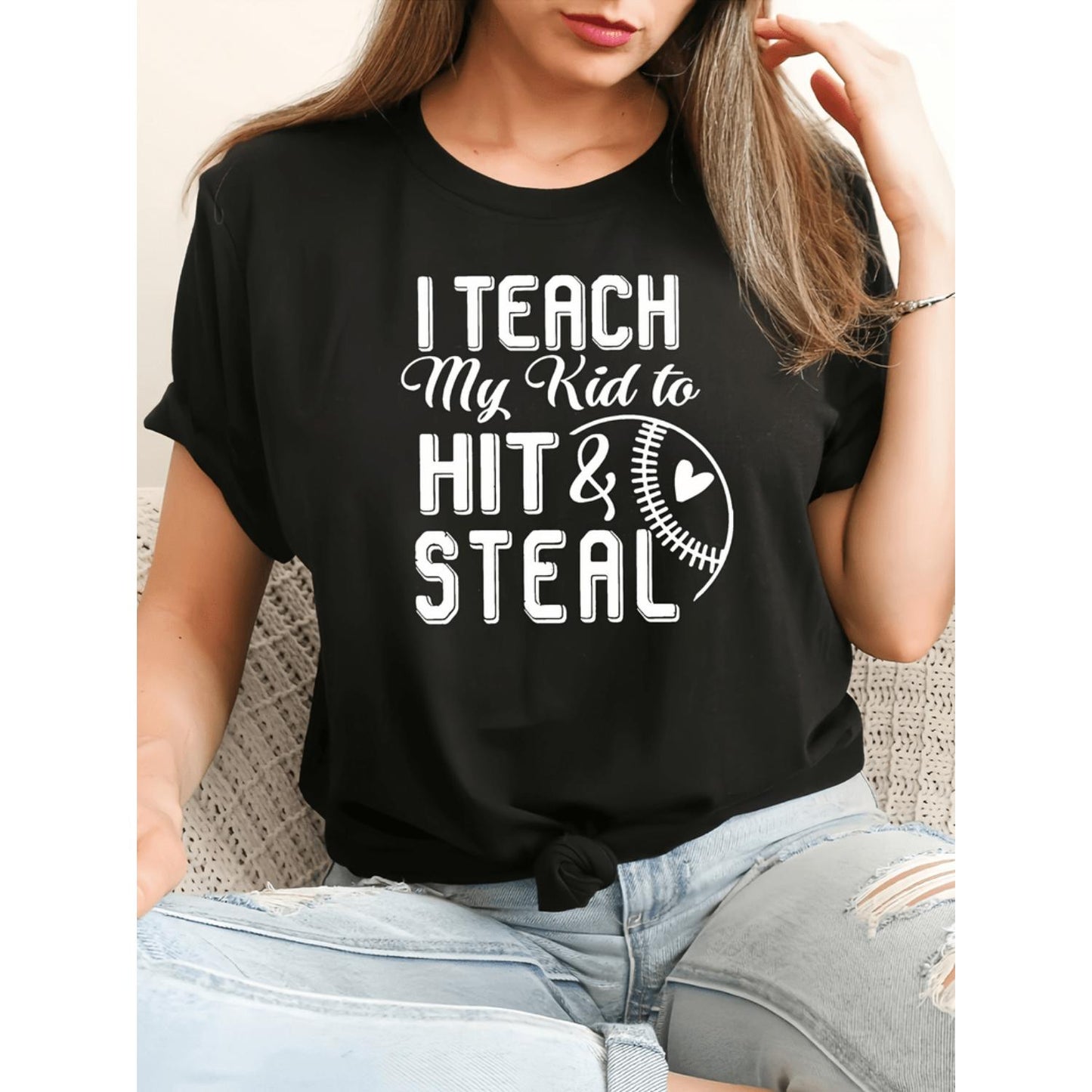 Women Sports Baseball T Shirt with I Teach My to Hit and Steal Slogan Black and White LetteringSoft and Stretchy Casual Spring Summer Leafleting Sporty Top