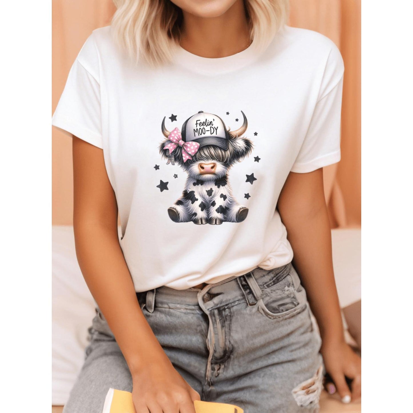 Feeliny Moody Black Highland Cow TShirt Cute MooDy Farm Animal Graphic Tee Soft Breathable Shirt for Women and Men Casual Daily and Themed Event Outfit Ideal Gift for Farm Life Enthusiasts Cow Print Clothing Unisex Apparel
