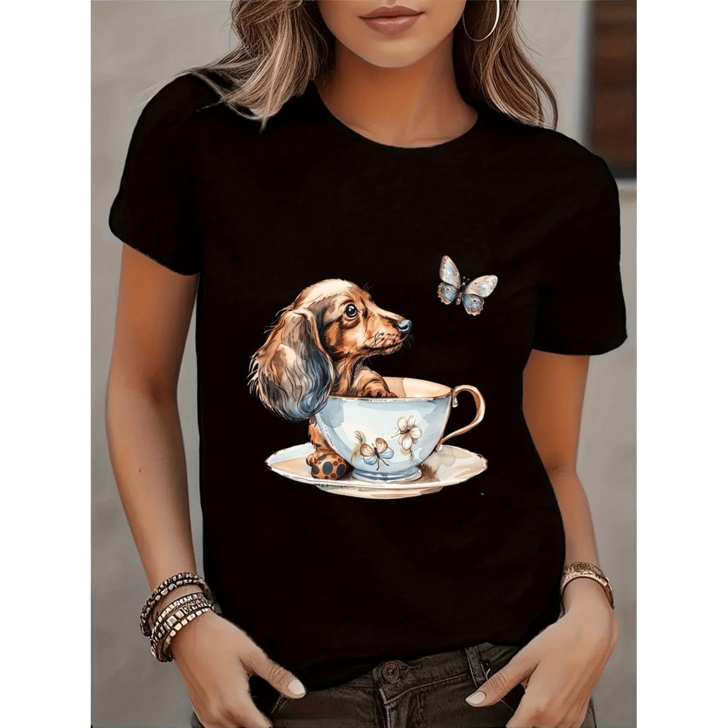 Easter Dachshund Graphic Tee for Women Casual Short Sleeve Crew Neck AllSeason Top with Geometric Pattern