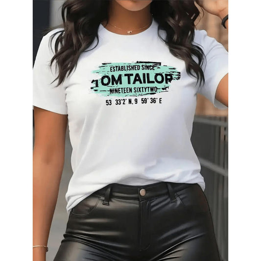 Women's Casual Short Sleeve T Shirt Featuring Artistic Letter Print and Teal Splatter Design Soft Stretch Round Neck Top Machine Washable Available in Multiple Colors and Sizes S to XXL Comfortable AllSeason Fit