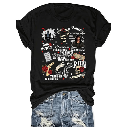 Romantic Black Vintage Mouse Rose Skull Pattern Print Casual Round Neck Short Sleeve Top for Women Perfect for Spring and Summer