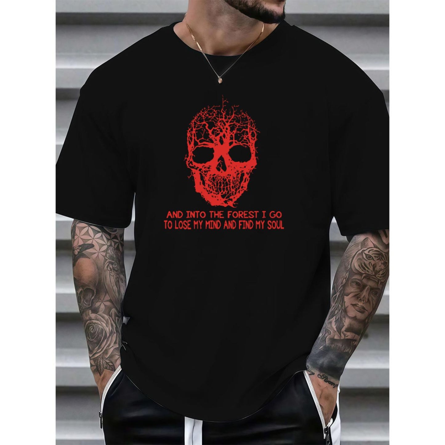 Philosophical Outdoor Themed Tee Featuring Skull and Tree Design with Into the Forest Quote