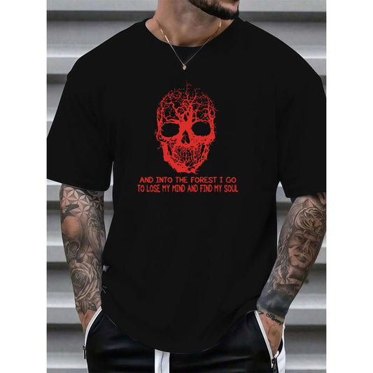 Philosophical Outdoor Themed Tee Featuring Skull and Tree Design with Into the Forest Quote