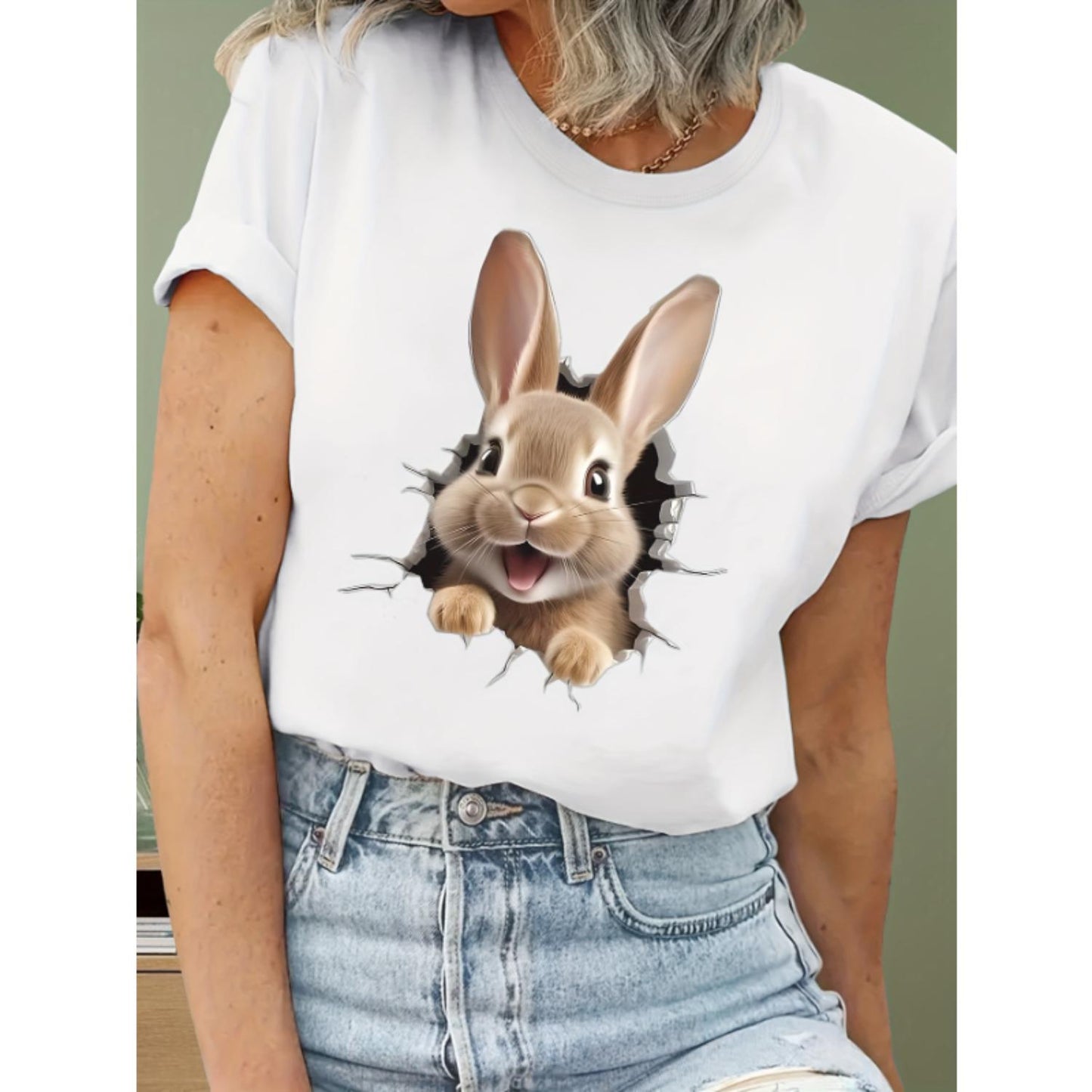 Easter Bunny Women's T shirt Relaxed Crew Neck Short Sleeves Polyester Blend Machine Washable Opaque Stretch Fabric Ideal for Spring and Summer