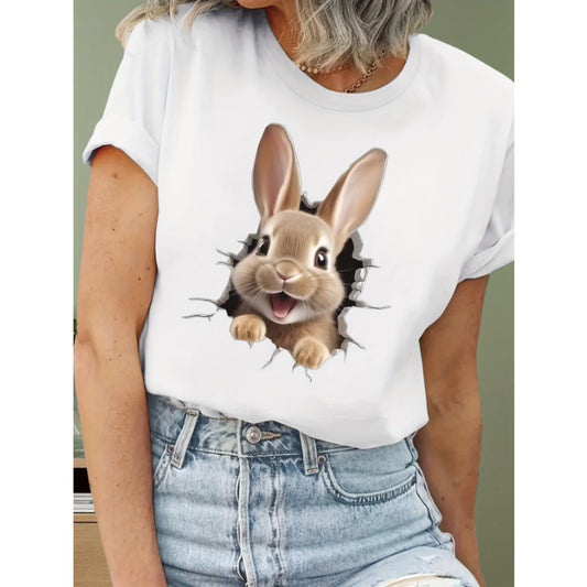 Easter Bunny Women's T shirt Relaxed Crew Neck Short Sleeves Polyester Blend Machine Washable Opaque Stretch Fabric Ideal for Spring and Summer