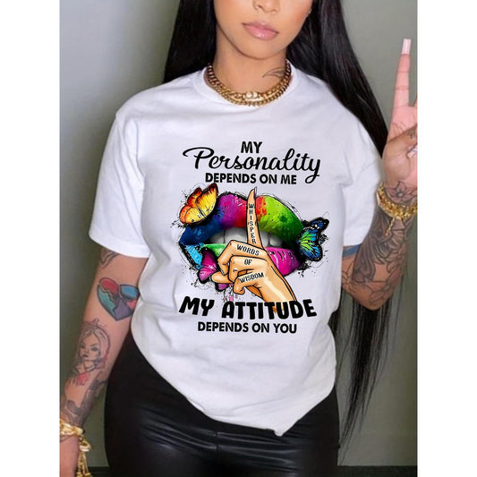 Bright Butterfly and Lips Print Short Sleeve Crew Neck T Shirt Made from Soft Stretch Polyester Ideal for Warm Seasons