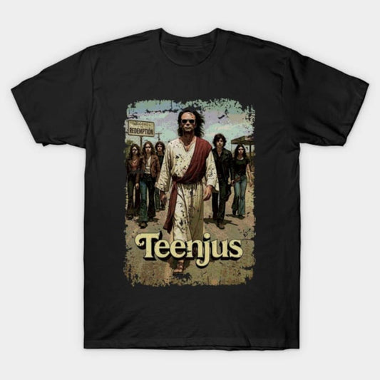 Vintage Inspired T Shirt Featuring Retro Style Graphic of Jesus Like Figure Leading a Group for Counterculture and Artistic Fashion Enthusiasts