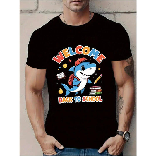 Mens Casual Back to School Graphic T shirt Featuring Blue Shark with Backpack Design Light Yellow Polyester Round Neck Regular Fit Casual Wear Tee Playful Design Knit Construction School Spirit Tee