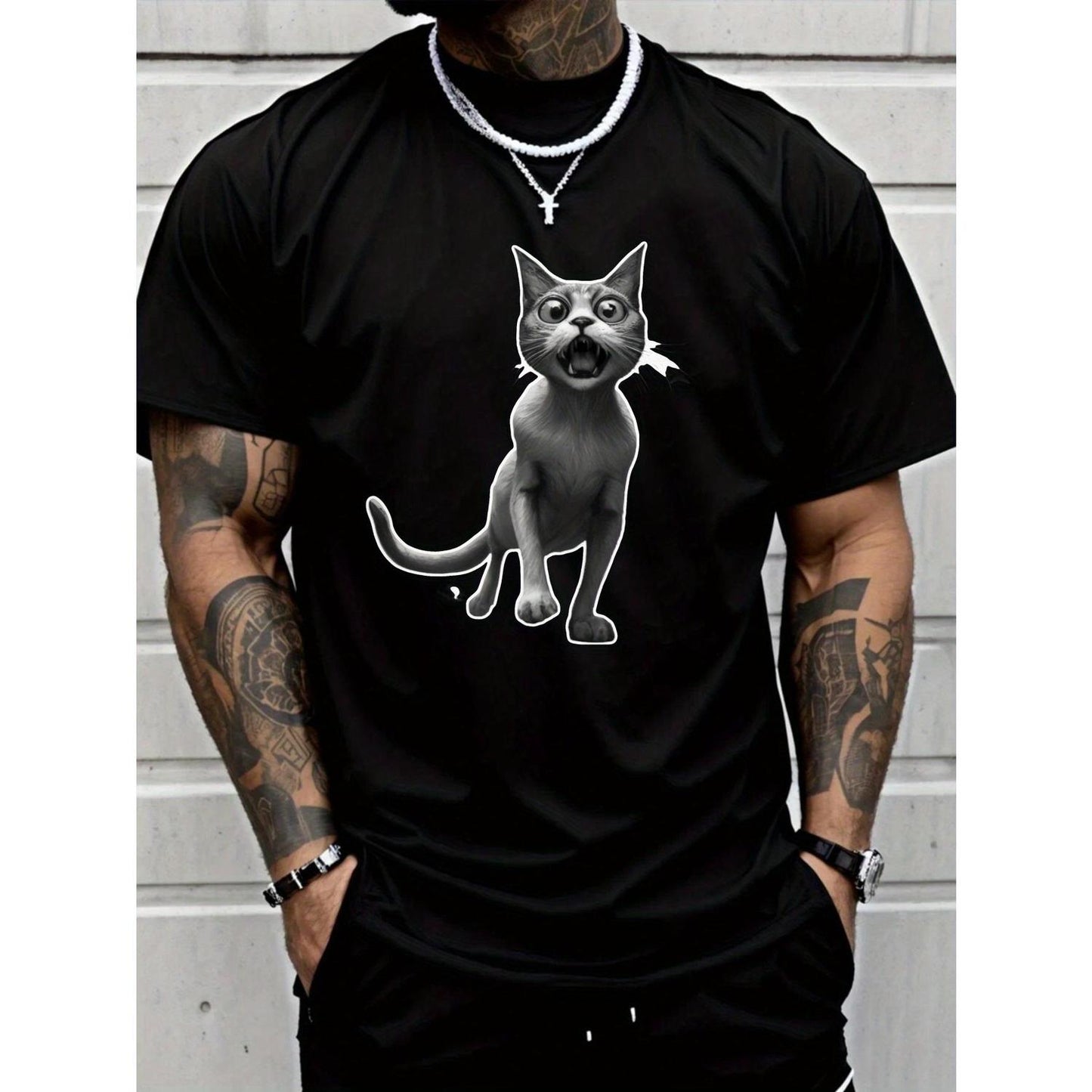 Men Casual Short Sleeve Cotton TShirt Featuring Humorous Cat Pattern Print in Classic Black and White Versatile AllSeason Comfortable Durable for Outdoor Activities Perfect for Weekend Wear and Fathers Day Gifts