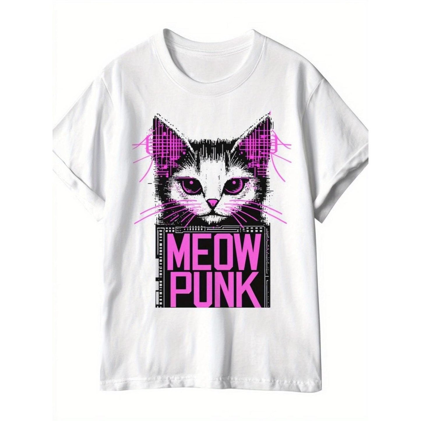 Mens Cotton Graphic TShirt Featuring Cat Face With Meow Design Casual Crew Neck Short Sleeve Breathable Perfect for Parties and Barbecues Durable Fabric