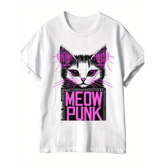 Mens Cotton Graphic TShirt Featuring Cat Face With Meow Design Casual Crew Neck Short Sleeve Breathable Perfect for Parties and Barbecues Durable Fabric