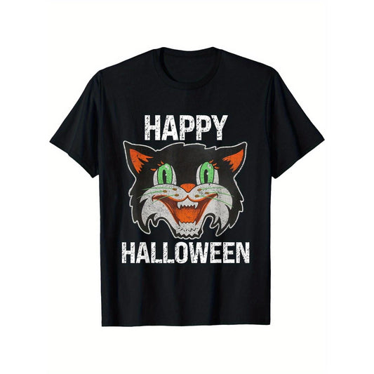 Festive Halloween Retro Black Cat T Shirt Featuring Vintage Style Green Eyed Cat Graphic Comfortable Fit Perfect for All Seasons