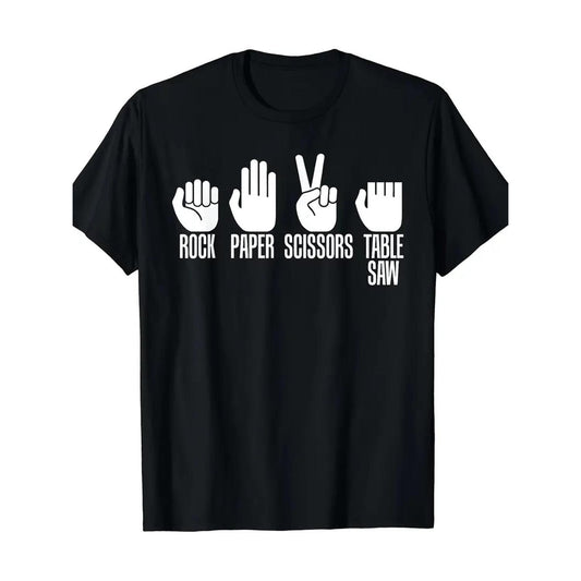 Mens Rock Paper Scissors Table Saw Graphic TShirt in Black Breathable Short Sleeve Crew Neck Perfect for Summer Casual Outdoor Activities Comfortable Cotton Ideal for Holiday Gifts