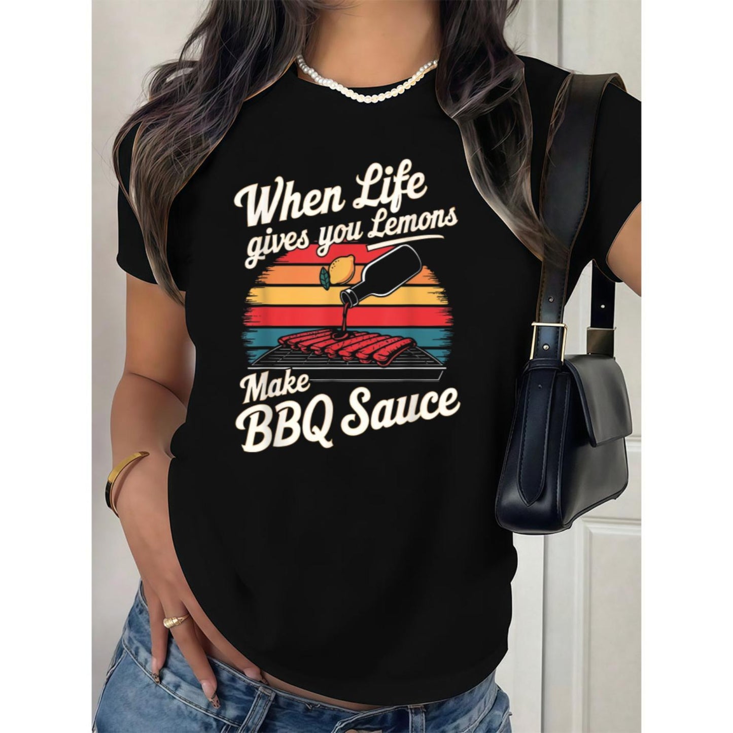 Enjoyable Women's Graphic T-Shirt Featuring Retro BBQ Sauce Design and Comfortable Casual Fit