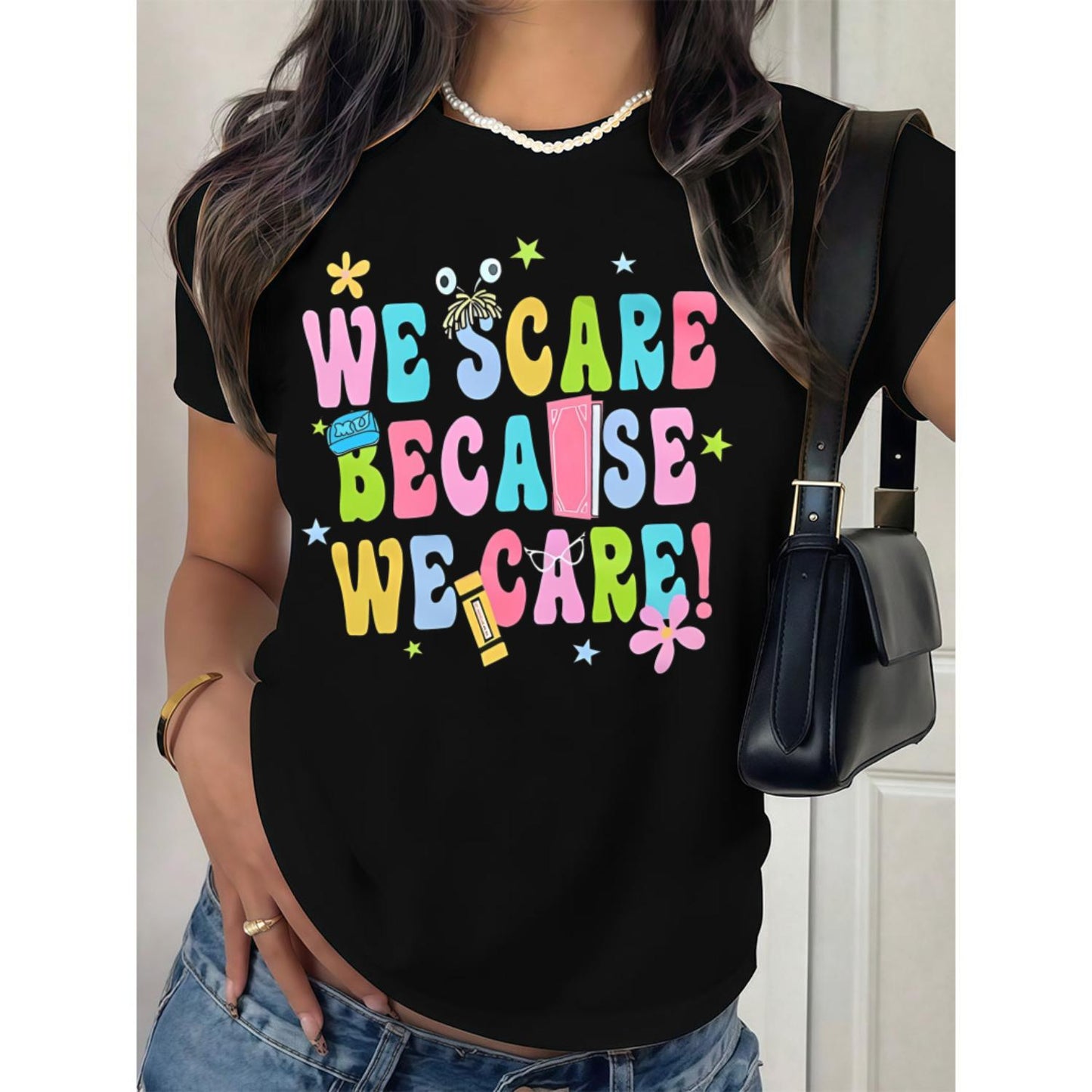 Distinctive Women's T-Shirt Featuring Short Sleeves and Playful Geometric Design with Bold 'We Scare Because We Care' Quote