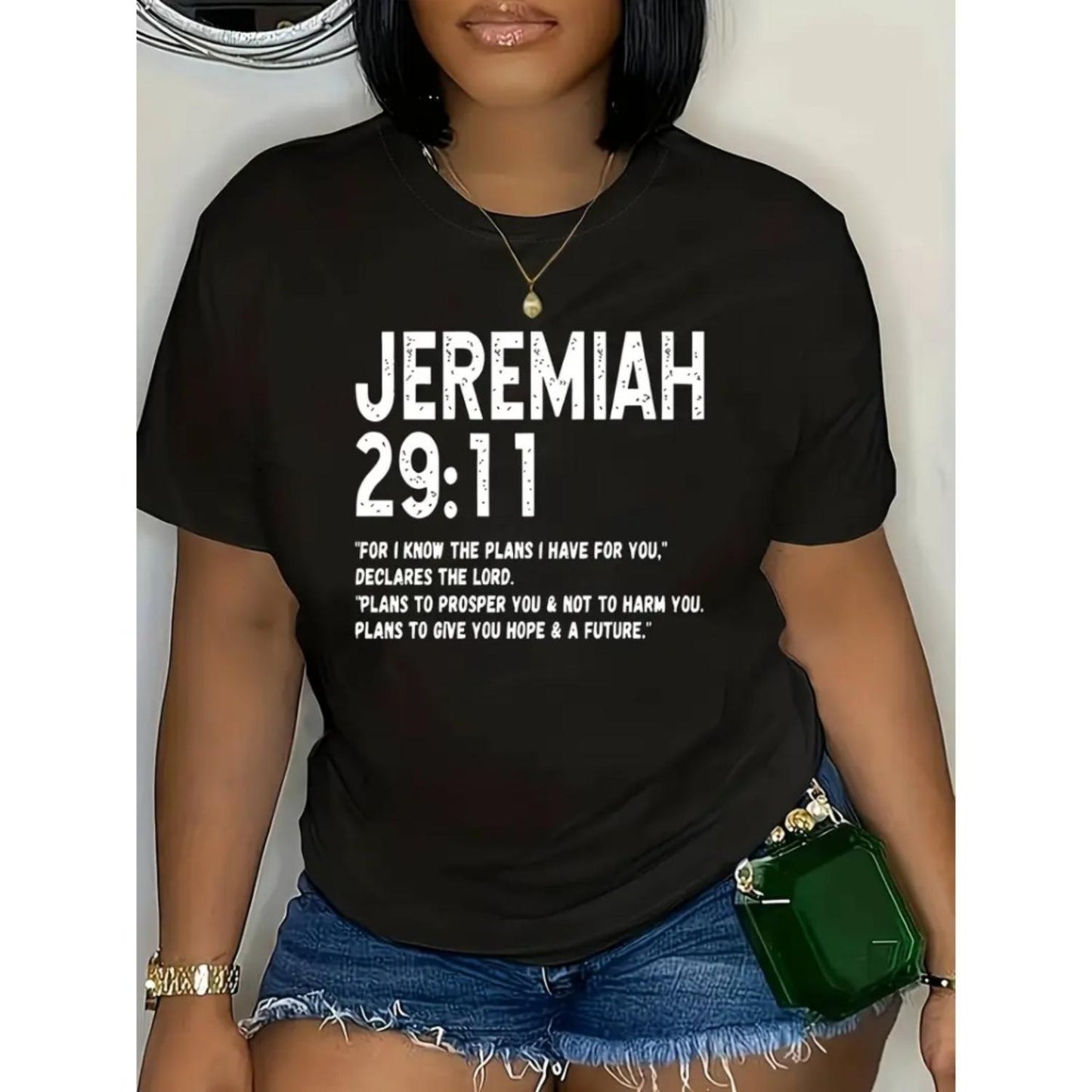 Inspirational Women's Jeremiah 2911 Bible Verse TShirt in Black with White Print Soft Polyester Crew Neck Short Sleeve Casual Top for Spring Summer Fall