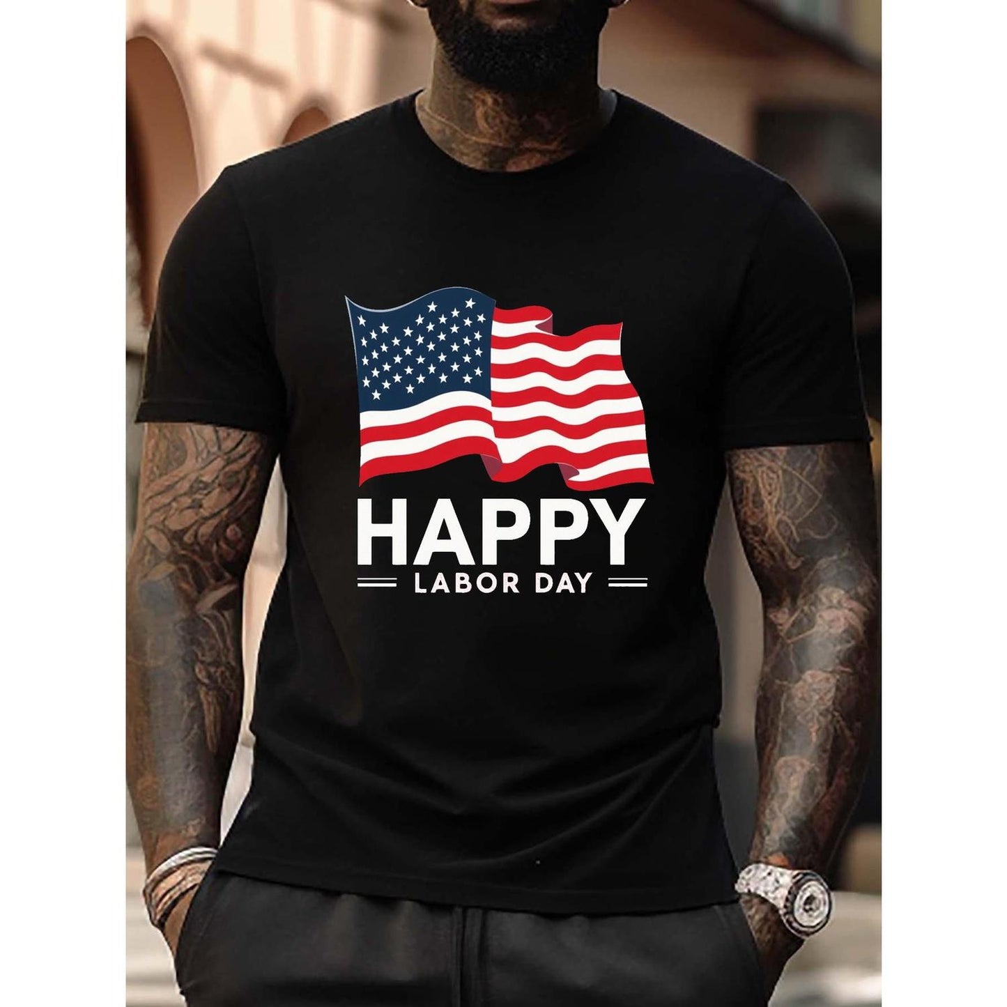 Mens Labor Day TShirt with Patriotic American Flag Design Short Sleeve Crew Neck Casual Summer Wear Black with Red and White Graphic Print Everyday Tshirt