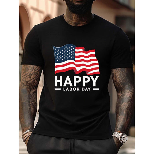 Mens Labor Day TShirt with Patriotic American Flag Design Short Sleeve Crew Neck Casual Summer Wear Black with Red and White Graphic Print Everyday Tshirt