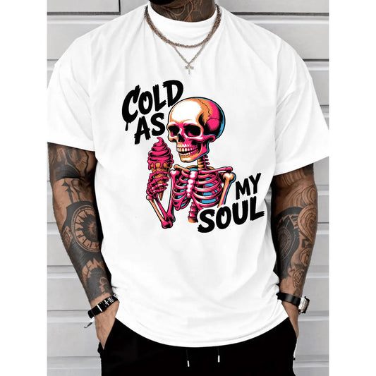 Bold Skeleton and Ice Graphic T Shirt Featuring Cold as My Soul Phrase