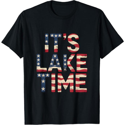 Letter Print T-shirt Celebrating Lake Time with Patriotism and American Flag for Independence Day