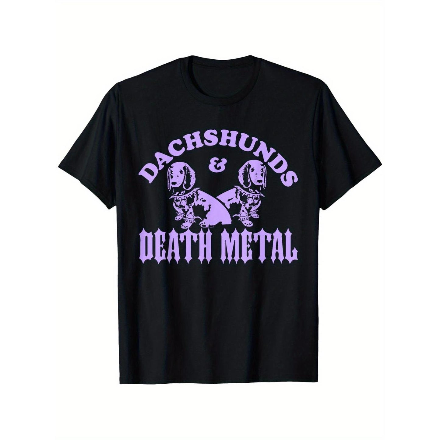 Dachshund and Death Metal Graphic T-Shirt for Men Heavyweight Cotton Short Sleeve Tee with Purple Print Comfortable Casual Music Fan Apparel for Commuting and Leisure
