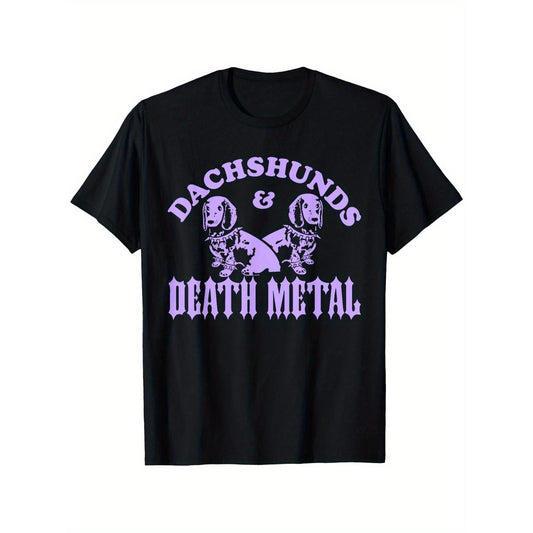 Dachshund and Death Metal Graphic T-Shirt for Men Heavyweight Cotton Short Sleeve Tee with Purple Print Comfortable Casual Music Fan Apparel for Commuting and Leisure