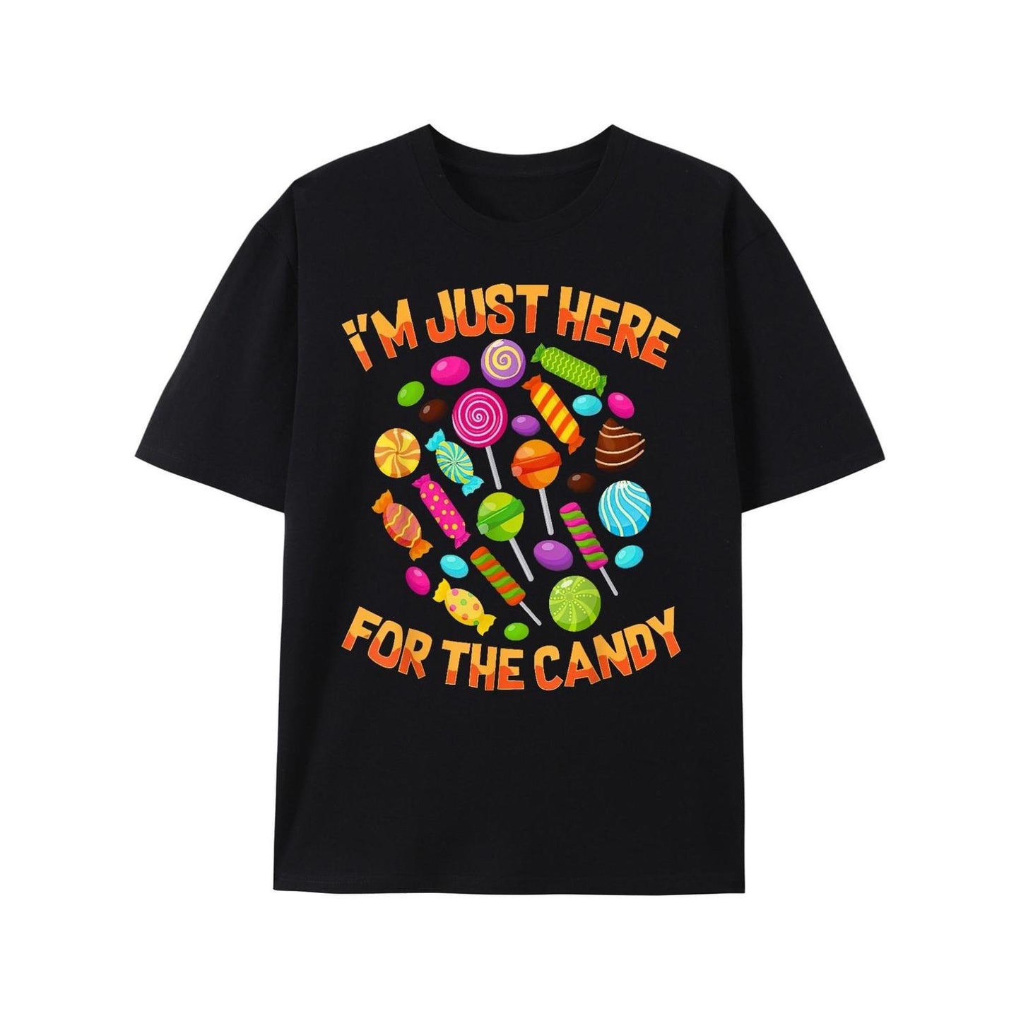 Mens Retro Candy Carnival Graphic TShirt Featuring Im Just Here for The Candy Print Comfortable AllSeason Casual Short Sleeve Tee For Outdoor Activities Parties Playful Design