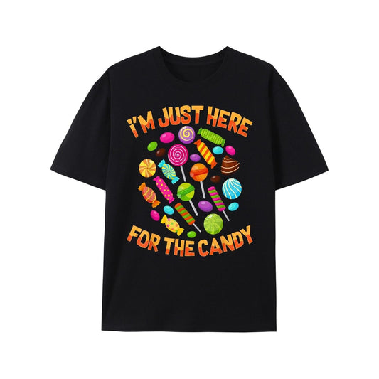 Mens Retro Candy Carnival Graphic TShirt Featuring Im Just Here for The Candy Print Comfortable AllSeason Casual Short Sleeve Tee For Outdoor Activities Parties Playful Design