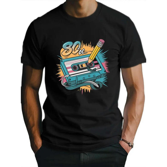 Retro 80s Cassette Print T-Shirt for Men 100 Percent Cotton Crew Neck Short Sleeve Breathable Lightweight Flexible Knit Fabric Casual Style Suitable for Sports Parties and Daily Wear