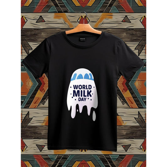 Mens World Milk Day Cotton TShirt Casual Black Tee with Blue and White Graphic Print Short Sleeve Round Neck Regular Fit Machine Washable for Casual Wear and Special Events Playful Graphic Design Opaque Fabric