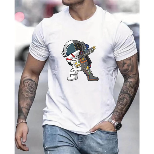 Men's Casual Space Theme Graphic TShirt With Colorful Astronaut Design Featuring Short Sleeves and Round Neck Perfect for Summer Wear