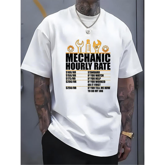 Mens Cotton Graphic TShirt Featuring Funny Mechanic Hourly Rate Design with Tools Print Comfortable Round Neck Short Sleeve Tee Ideal for Automotive Fans and Holiday Gifting