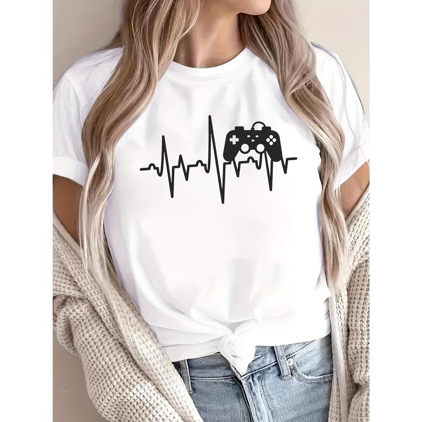 Casual Gaming Console Graphic TShirt for Women Short Sleeve Crew Neck Heartbeat and Controller Print Summer Top Gaming Room Decor
