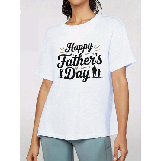 Cheerful Father's Day Graphic T Shirt for Women with Family Silhouette Design Comfortable Short Sleeve Casual Wear