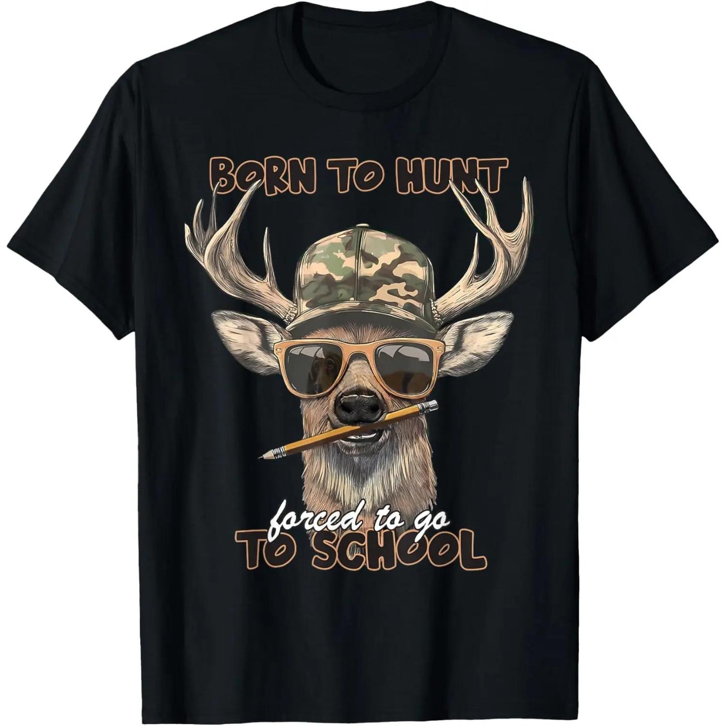 Short Sleeve T Shirt Featuring Deer Graphic and the Phrase Born To Hunt Forced To Attend School