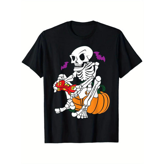 Mens Halloween Skeleton Gaming TShirt with Breathable Cotton and Spooky Pumpkin Bat Design for Casual Outdoor Summer Streetwear