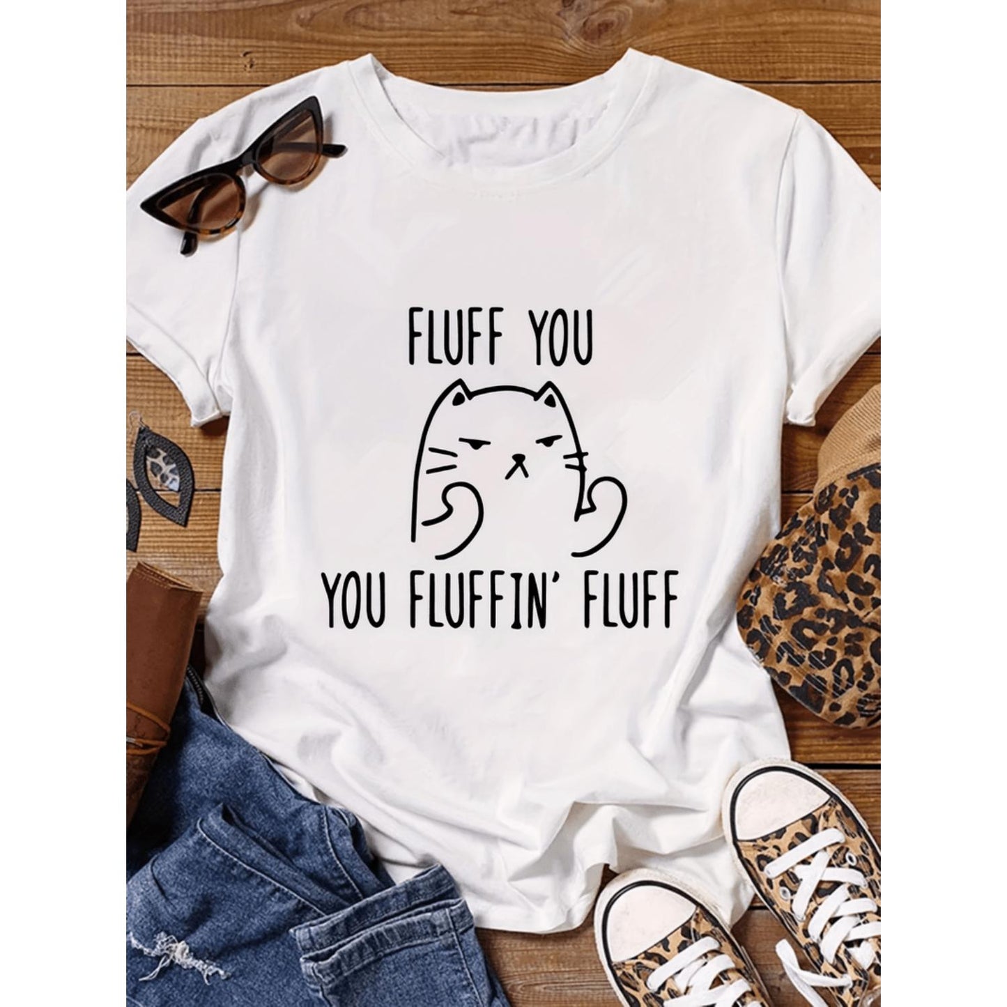 Women's Feline Fun Cat Fluff T-Shirt Featuring Letter Print Soft Casual Crew Neck Short Sleeve Relaxed Fit Ideal for Daily Comfort