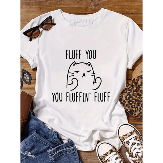 Women's Feline Fun Cat Fluff T-Shirt Featuring Letter Print Soft Casual Crew Neck Short Sleeve Relaxed Fit Ideal for Daily Comfort