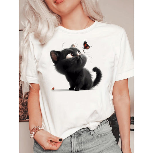 Adorable Cat Print Crew Neck T-Shirt Short Sleeve Casual Spring Summer Women's Clothing