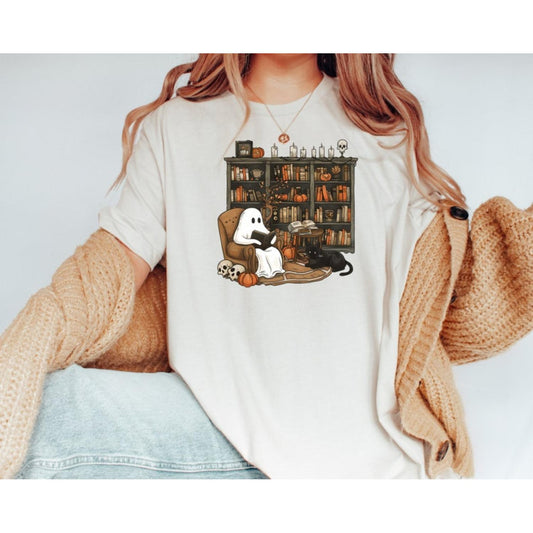 Retro Ghost Reading Books Top for Librarians and Teachers Halloween Teacher Gift Boo School Shirt