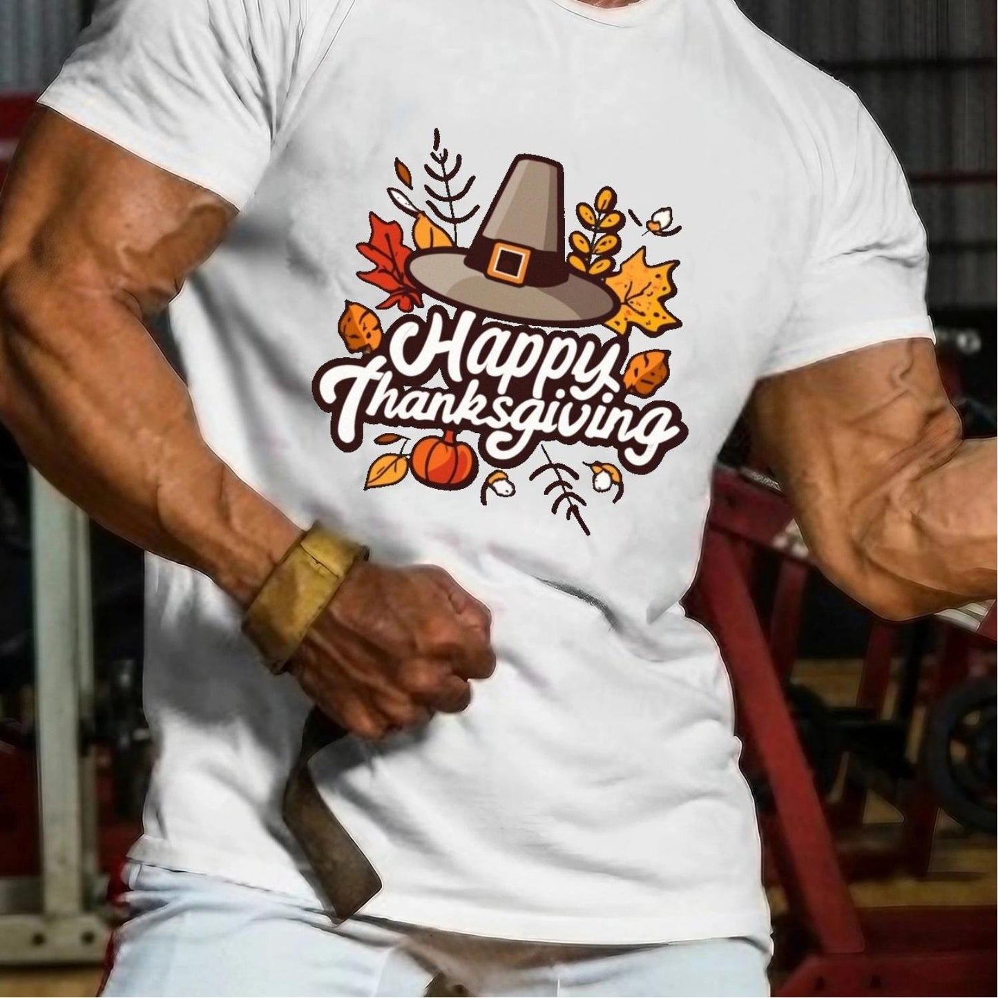 Festive Casual Thanksgiving Tee Featuring Autumn Leaves Pumpkins and Turkey Illustration with Bright Red Round Neck