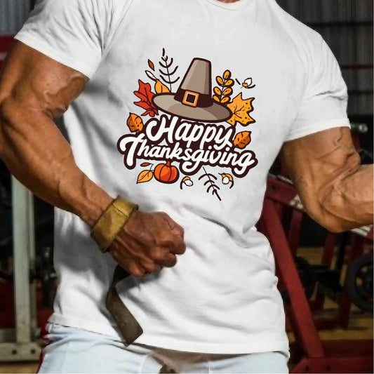 Festive Casual Thanksgiving Tee Featuring Autumn Leaves Pumpkins and Turkey Illustration with Bright Red Round Neck
