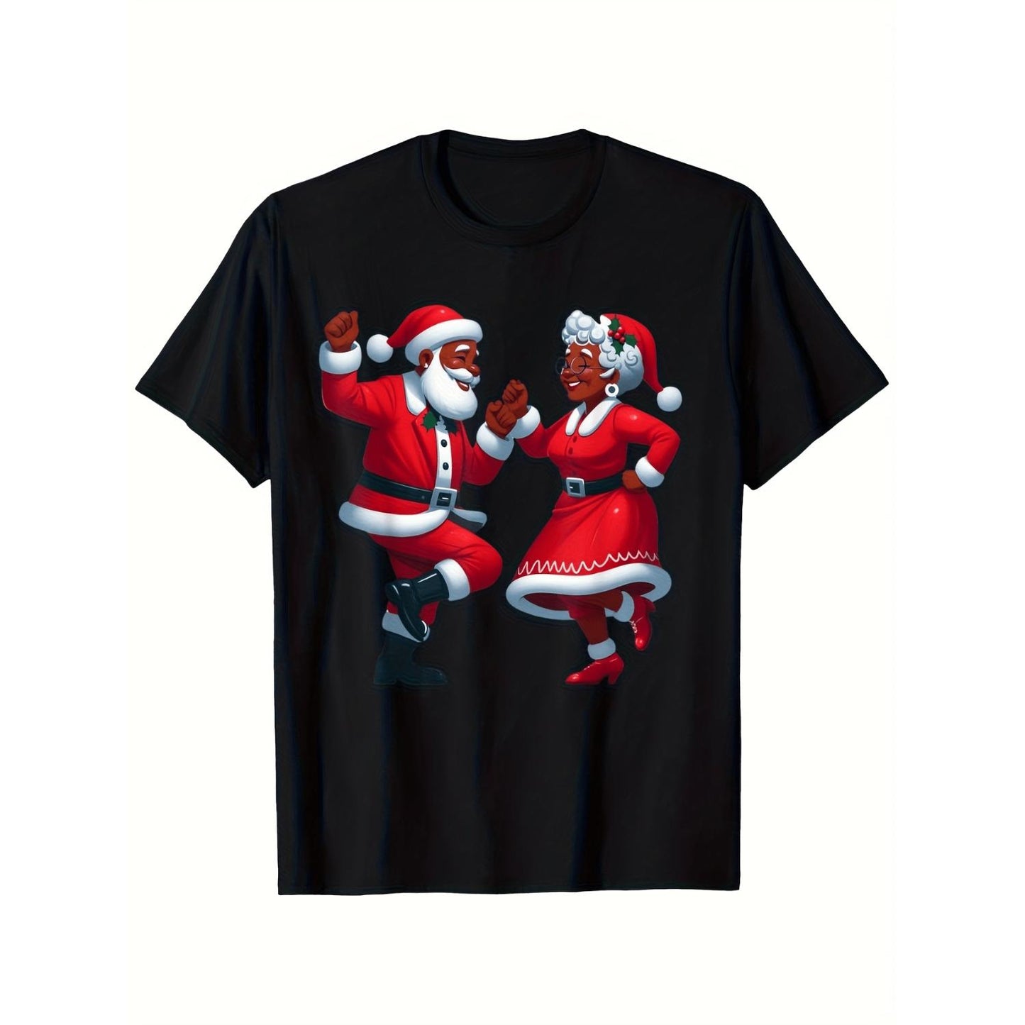Unisex Santa and Mrs Claus Dance T-Shirt Featuring Colorful Retro Holiday Print Perfect for Christmas Parties Casual Group Costumes and Seasonal Wear