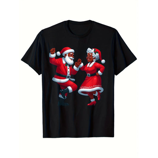Unisex Santa and Mrs Claus Dance T-Shirt Featuring Colorful Retro Holiday Print Perfect for Christmas Parties Casual Group Costumes and Seasonal Wear